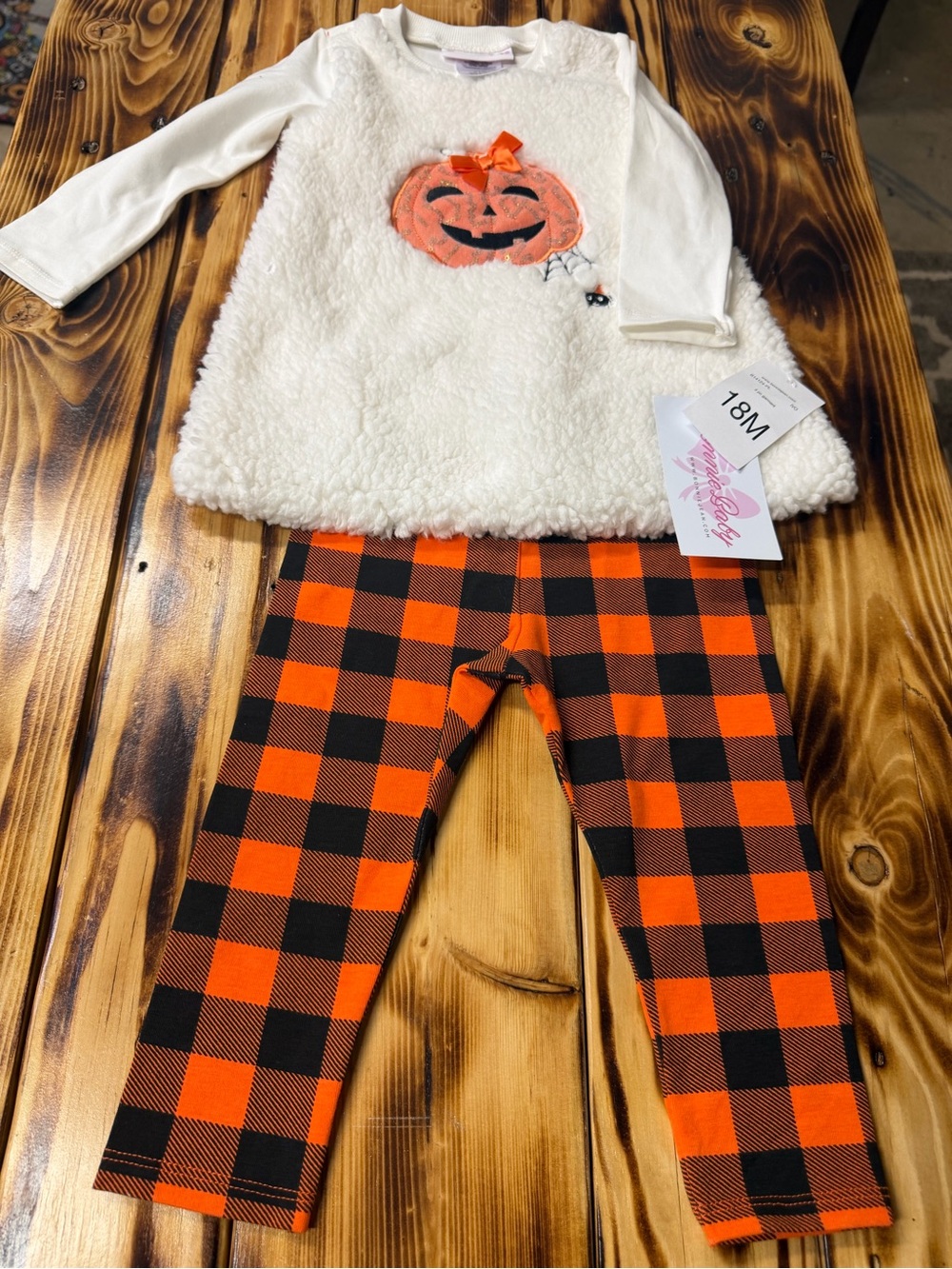 Kids' Orange Pumpkin Plush Top & Buffalo Plaid Leggings Set